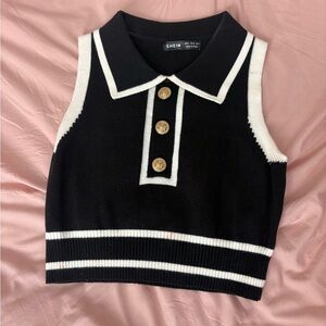 SHEIN Black and Cream Collared Top with Gold Button